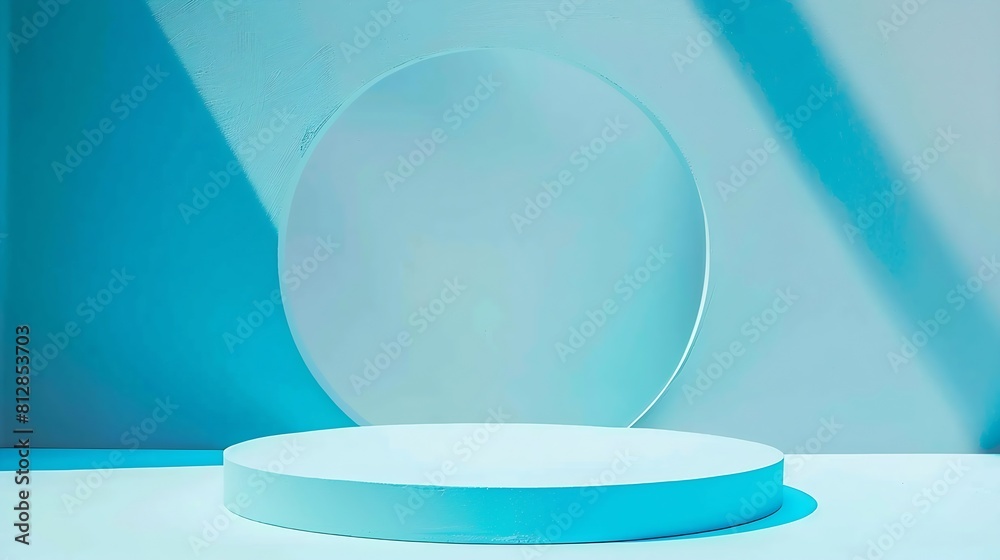 Leinwandbilder Abstract light blue color background Top view to round geometric shape turquoise podium for product display and geometric shape colored paper background : Generative AI