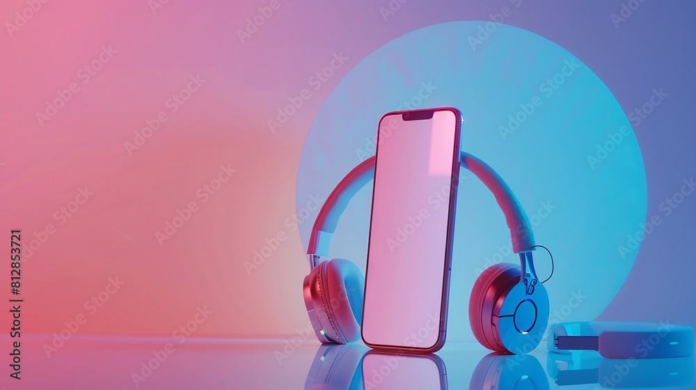 Poster mobile phone screen mock up and headphones : generative ai