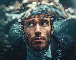A businessman submerged in water with a look of despair, surrounded by swirling currents and bubbles,