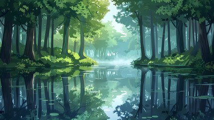 Serene River Reflections in Old Growth Forest: Flat Design Backdrop Illustration Featuring Ancient Trees Mirrored in Tranquil Waters