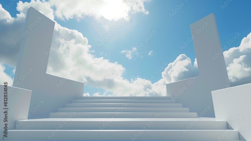 Aufkleber Front view of white podium and stairway with blank space in blue cloudy sky background abstract content : Generative AI
