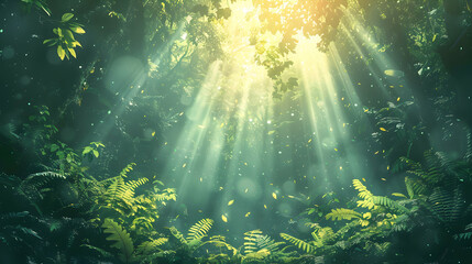 Fototapeta na wymiar Sunbeams in Dense Woodland: Play of Light Shadow in Old Growth Forest Flat Design Backdrop