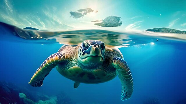 World turtle day and Ocean environmental day, Sea turtle swimming in the under sea, Climate change.
