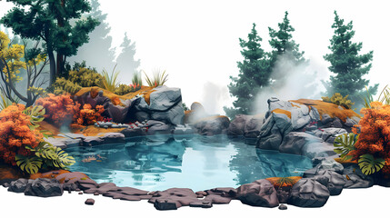 Discover the Enchantment of Thermal Pools Steaming in a Volcanic Setting   A Unique Natural Spa Experience in a Rugged Landscape! Flat Isometric Scene Illustration.