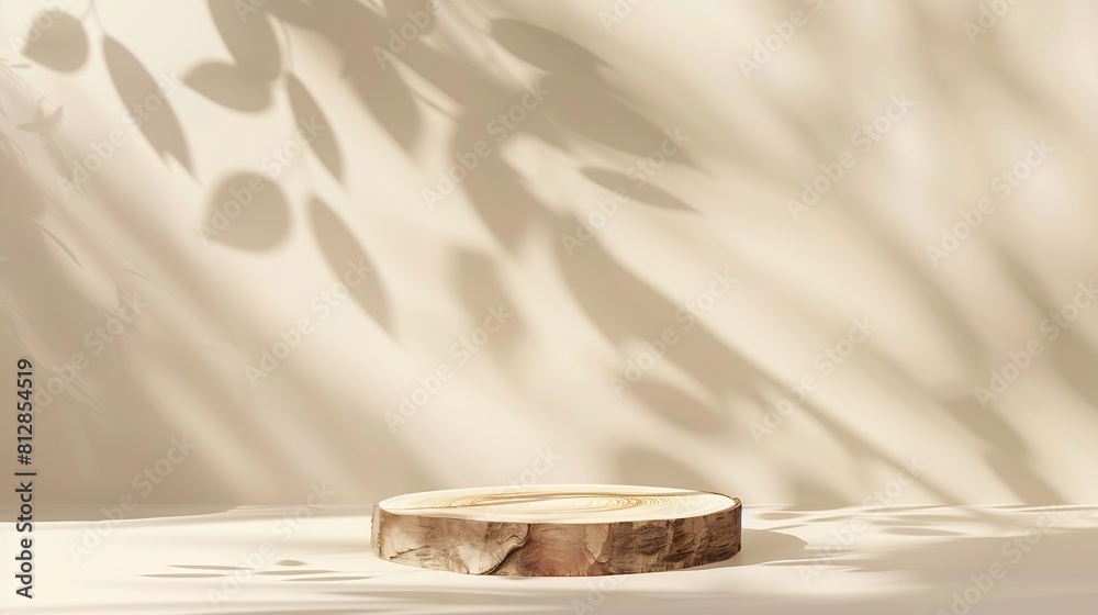 Poster Abstract empty Wood slice podium with leaves shadows on beige background Mock up stand for product presentation 3D Render Minimal concept Advertising template : Generative AI