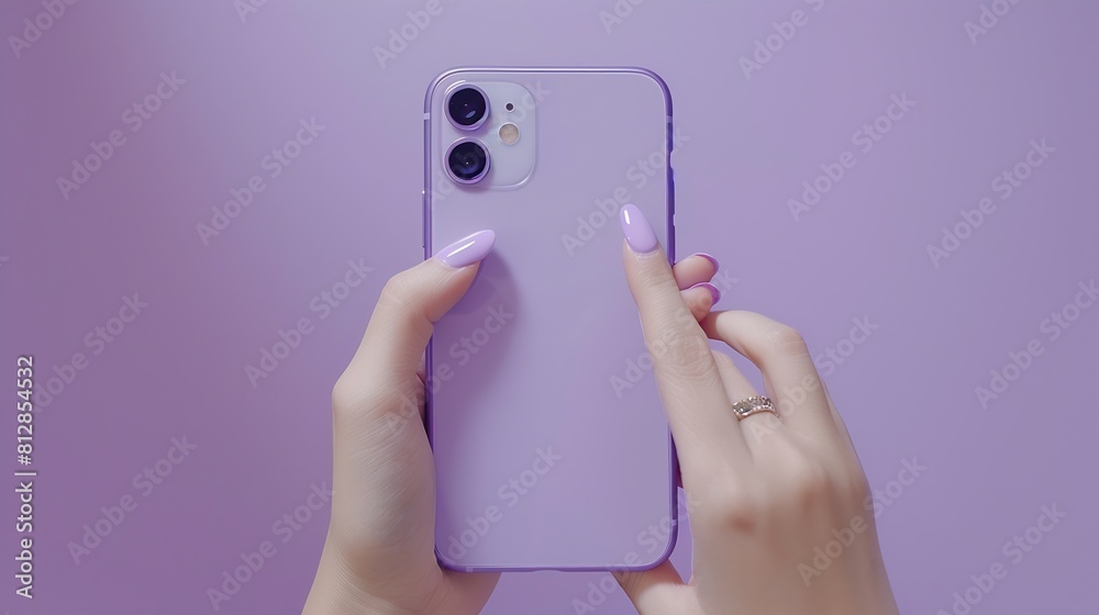 Poster the layout of the phone the girl holds the phone with both hands background lilac under the color of