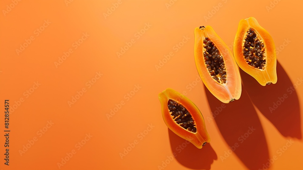 Poster cut papaya over orange table background for tropical fruit design concept top view copy space : gene