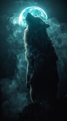 Naklejka premium Fierce werewolf silhouette backlit in moonlight, standing on stone cliff, isolated background, creepy werewolf with sharp fangs and claws, novel cover，Silhouette of Fierce Werewolf Standing on Cliff 