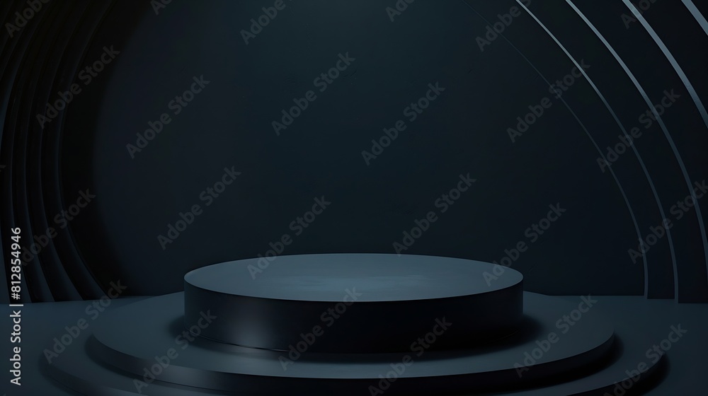 Poster Empty round geometric shape cylinder podium platform on paper cut abstract pure black minimal geometric shape background Top view mock up for product display : Generative AI