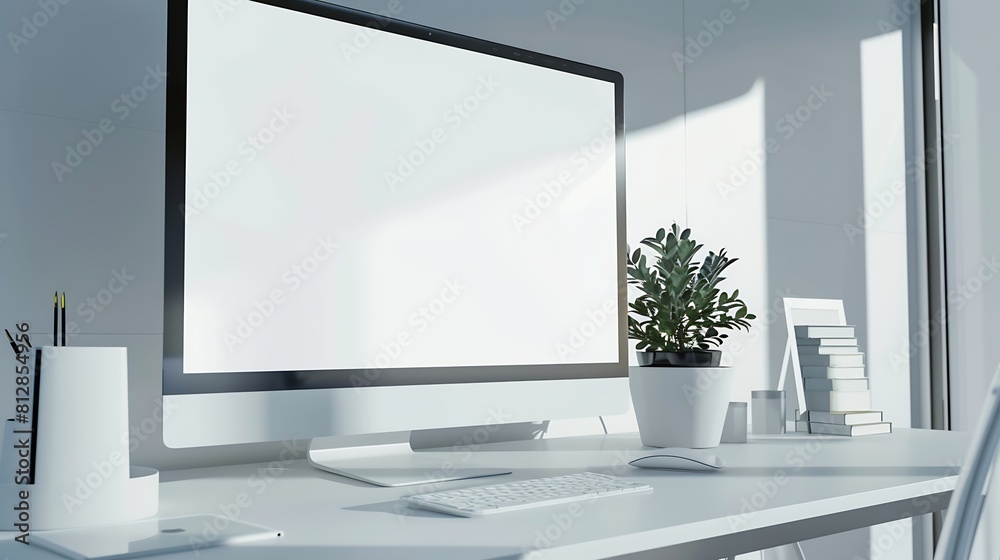 Poster Web design studio with promo page on computer display and copy space beside : Generative AI