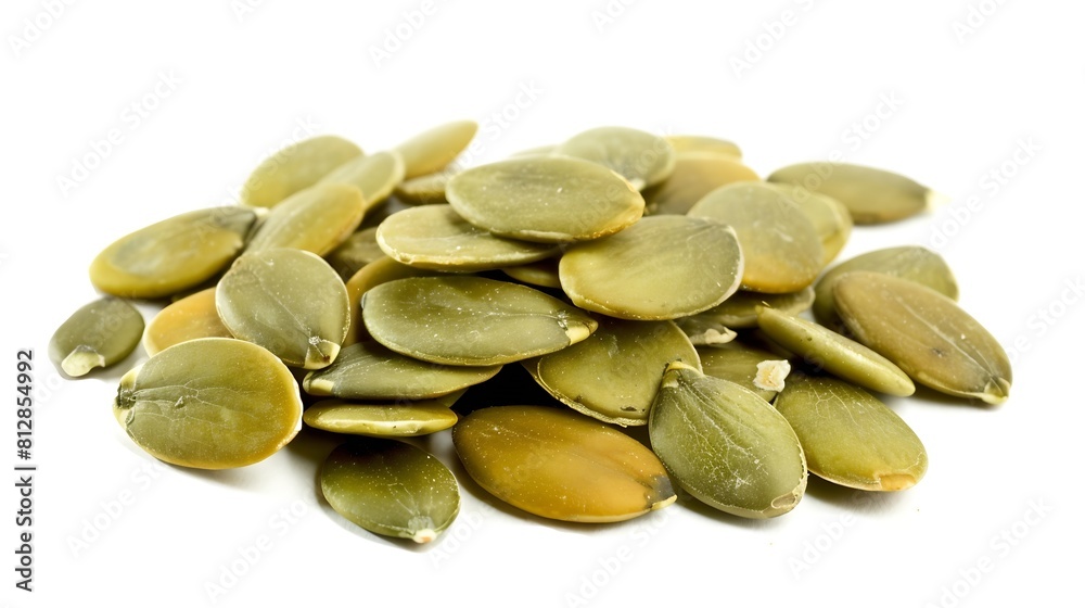 Poster Green pumpkin seeds isolated on white background Scattered seed Package design element with clipping path : Generative AI