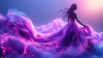Silhouette of model wearing a futuristic, illuminated and bright bioluminescent dress with blue and purple lights