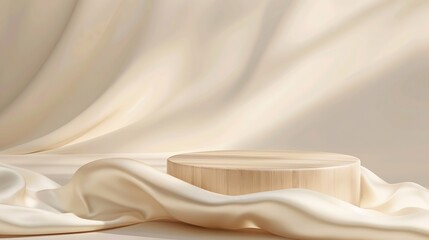 Luxury wooden product podium for beauty and fashion product with silk fabric on beige background Premium brand placement  mockup template Studio stage scene display Soft neutral pastel : Generative AI