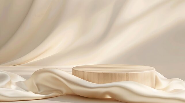 Luxury wooden product podium for beauty and fashion product with silk fabric on beige background Premium brand placement  mockup template Studio stage scene display Soft neutral pastel : Generative AI