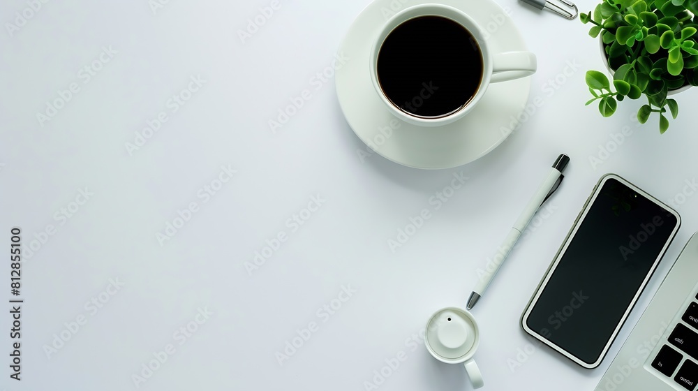 Poster white office desk table with laptop smartphone cup of coffee and supplies top view with copy space f