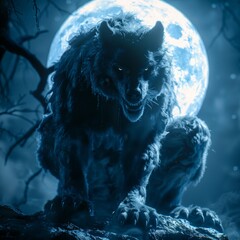 Fierce werewolf silhouette backlit in moonlight, standing on stone cliff, isolated background, creepy werewolf with sharp fangs and claws, novel cover，Silhouette of Fierce Werewolf Standing on Cliff 