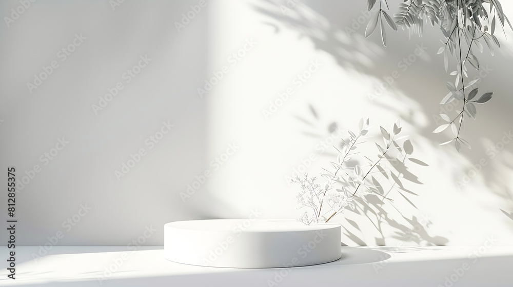 Poster Podium geometric shape white on a white background Winter scene showcase with snow for product presentation Minimalistic light pedestal for cosmetic Copy space : Generative AI