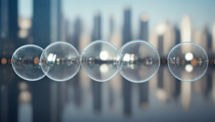 Soap bubbles during a city sky blur background