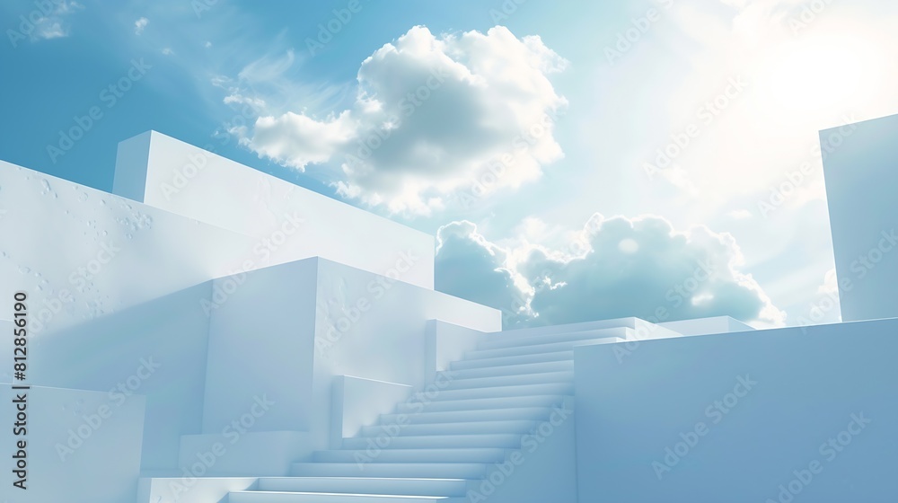 Aufkleber Front view of white podium and stairway with blank space in blue cloudy sky background abstract content : Generative AI