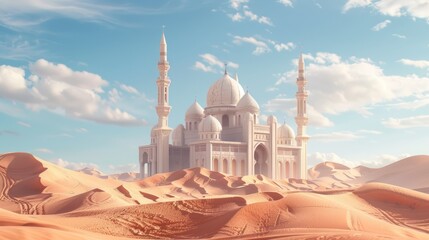animation motion parallax photos of ancient building mosque in the middle of sand dune desert. hyper realistic 