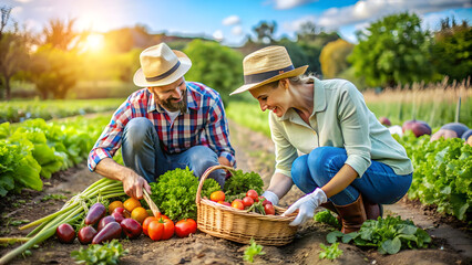 Rural Organic Farming: Couple Cultivating Sustainable Produce. Perfect for: Earth Day, World Environment Day, Agricultural Awareness Day, sustainable farming, organic agriculture.