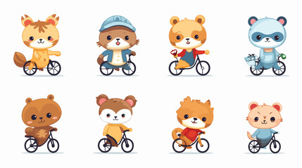 Cute little animal characters riding unicycle bicyc