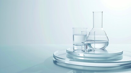 Science and medical background with transparent round podium lab glassware filled colorless liquid and ribbed acrylic sheets decorated on white background Space for products presentati : Generative AI