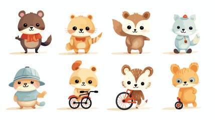 Cute little animal characters riding unicycle bicyc