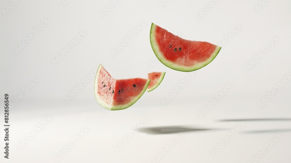 Poster Fresh raw watermelon falling in the air isolated on white background Food levitation or zero gravity conception igh resolution image : Generative AI