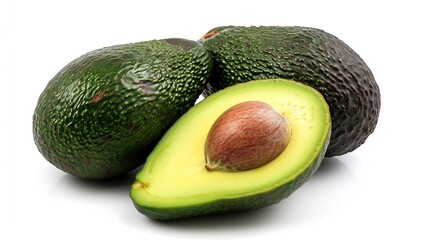 Pure Perfection: Captivating Avocado Fruits with Lush Green Leaves, Isolated on a Pristine White Bac