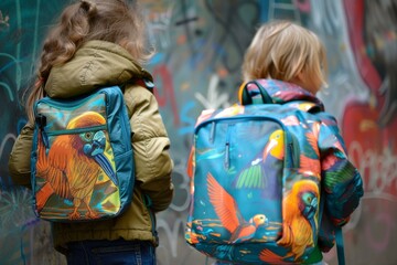 Two children with vibrant parrotprint backpacks standing before a graffiti wall