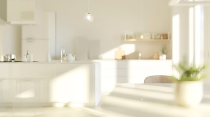Fototapeta na wymiar Blurred modern kitchen view Scandinavian kitchen minimalist design white accents Ideal for product display or design layouts : Generative AI