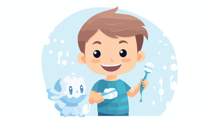 Cute little boy brushes teeth and smiles flat vecto