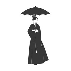 Silhouette independent korean women wearing hanbok with umbrella black color only