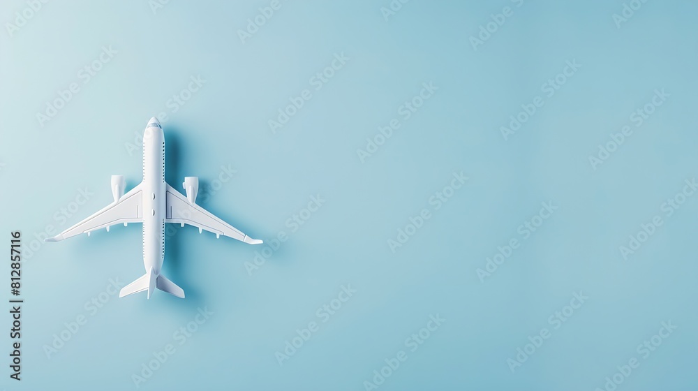 Wall mural airplane model white plane on pastel blue background travel vacation concept summer background flat  - Wall murals