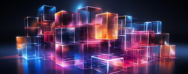 Visualize a network of interconnected neon cubes with seamless edges against a dark backdrop, emphasizing a clear, sharp image that showcases an advanced, technology driven environment.