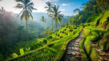 Obraz premium Lush Balinese Rice Terraces Carved into Verdant Volcanic Mountain Valleys with Winding Footpaths