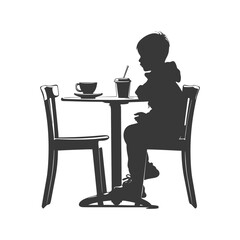 Silhouette little boy sitting at a table in the cafe black color only
