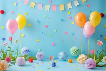 Vibrant backdrop featuring balloons, paper decorations, and confetti against a blue backdrop
