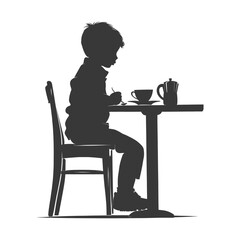 Silhouette little boy sitting at a table in the cafe black color only