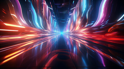 Create a realistic image of a futuristic tunnel with glowing blue and red neon lights. The tunnel long and have a perspective. The image dark and mysterious.