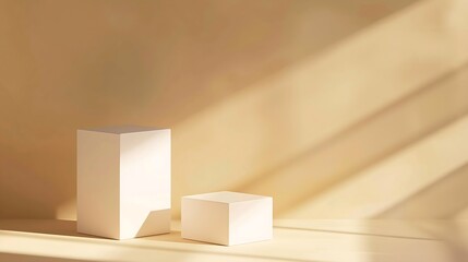 Empty white podium stage made with two white cubes on a beige backdrop Mockup scene for product presentation Studio photography Product showcase or display : Generative AI