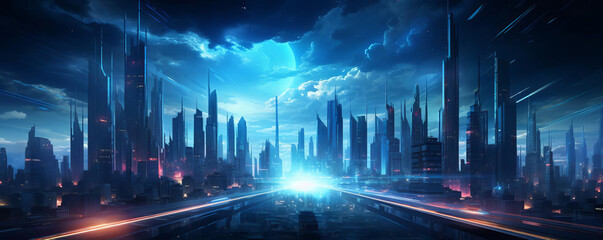 A vast cityscape of gleaming skyscrapers and futuristic architecture stretches out before you. The sky is a deep blue, and the stars shine brightly overhead. The sound of traffic and the hustle.