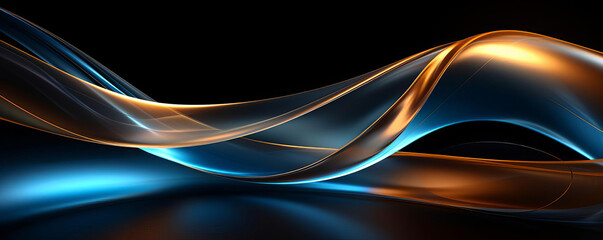 Flowing ribbons of blue and gold light, curving gently in a dark space, high resolution and free of imperfections, for a sleek, futuristic background.