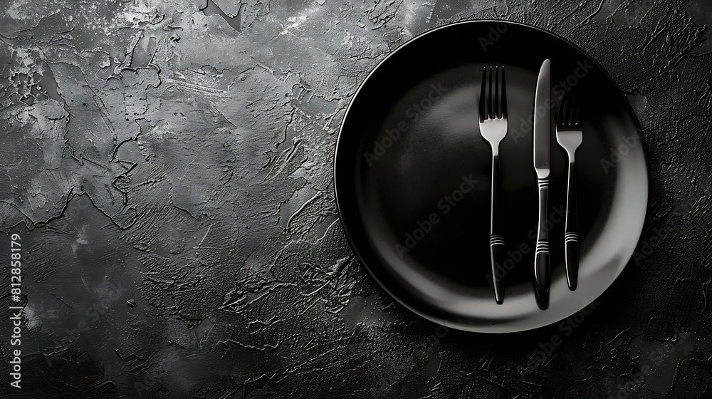 Poster black empty plate and cutlery fork and knife on a dark textured background The concept of a layout for the design of a restaurant menu website or design Vertical layout of food photos : Generative AI