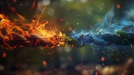 Playful representations of elements like fire, water, earth, and air in a tug-of-war, showcasing teamwork in nature's forces