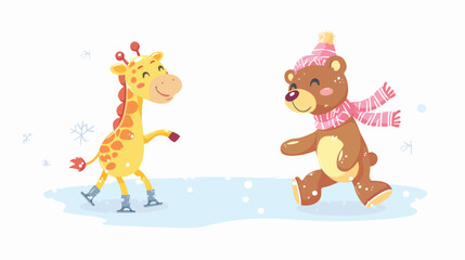 Obraz na płótnie Canvas Cute little giraffe and bear characters ice skating