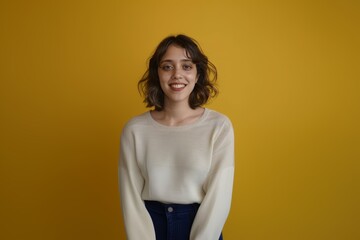Obraz premium Happy Young Woman in White Sweater. Generative AI.