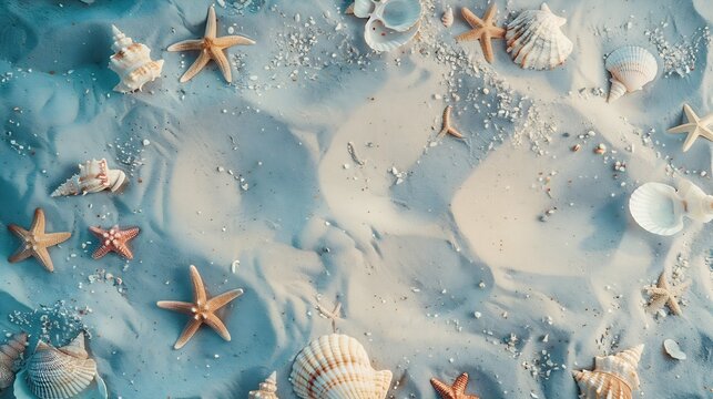 Sea sand with starfish and shells Top view with copy space : Generative AI