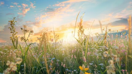 Beautiful summer colorful rustic pastoral landscape panorama. Tall flowering grass on green meadow at sunrise or sunset with beautiful announcement against blue sky hyper realistic 